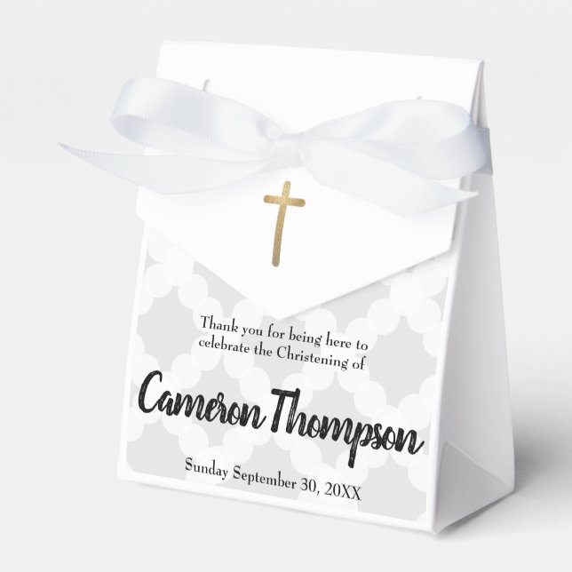 Personalized Baby Grey Gold Cross Christening Favor Box (Front Side)