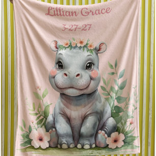 Personalized Baby Hippo Girl's Safari Nursery Fleece Blanket