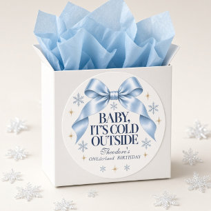 Personalized Baby It’s Cold Outside Blue Bow Classic Round Sticker