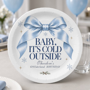 Personalized Baby It’s Cold Outside Blue Bow Paper Plate