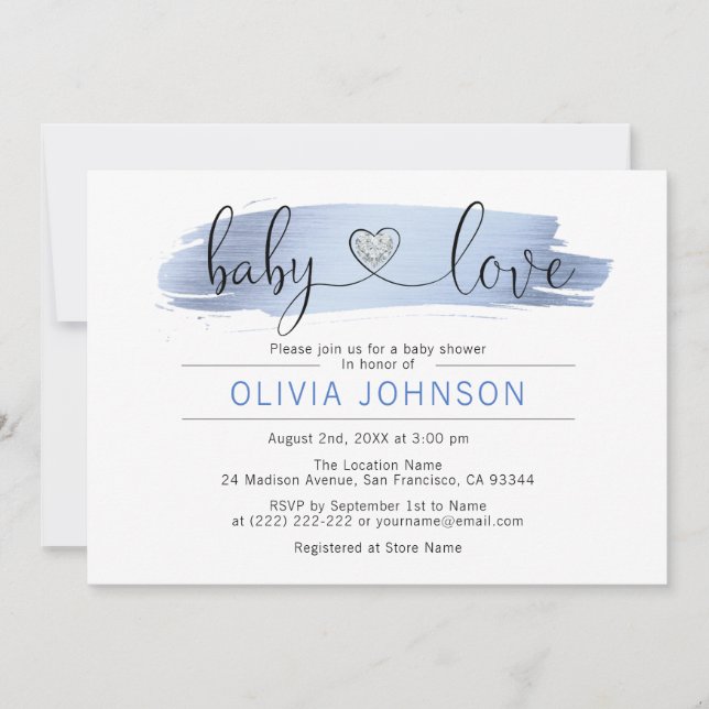 Personalized Baby Love Blue White BOY Baby Shower Invitation (Front)