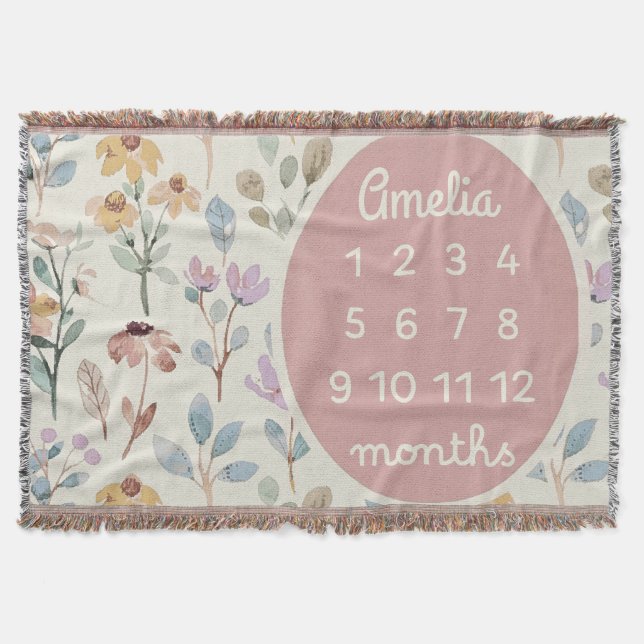 Personalized Baby Milestone Blanket Girl Floral  (Front)