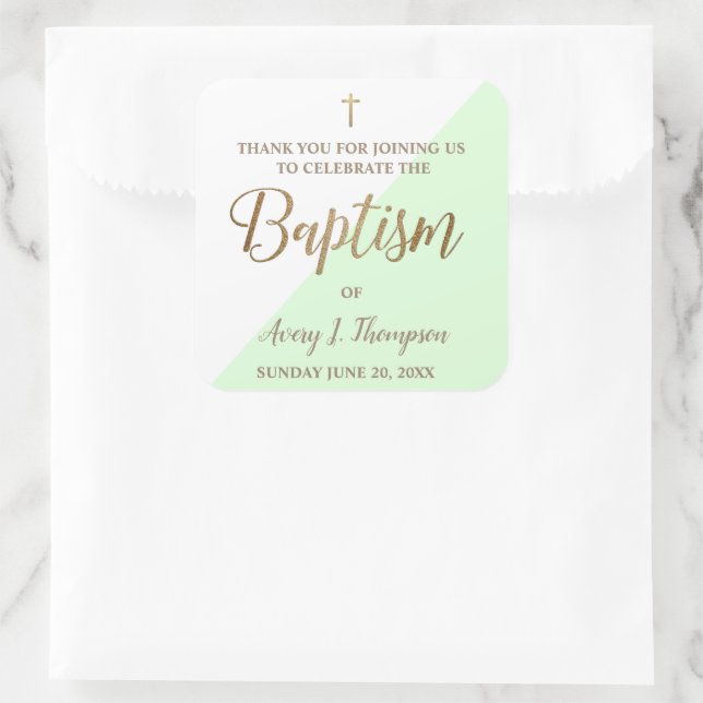 Personalized Baby mint green baptism thank you Square Sticker (Bag)