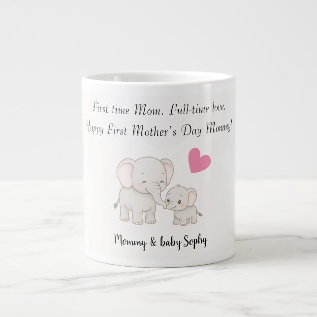 Personalized Baby & Mother Elephant with Heart -  Large Coffee Mug (Front)