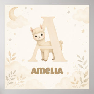 Personalized Baby Name Alpaca Letter A Poster