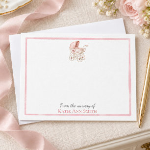 Personalized Baby Note Cards   Pink Baby Carriage