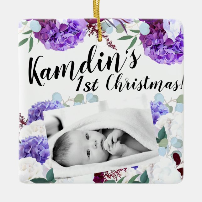 Personalized Baby Ornament Lavender Hibiscus on Wh (Front)