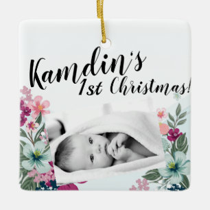 Personalized Baby Ornament Tropical Flowers on Blu