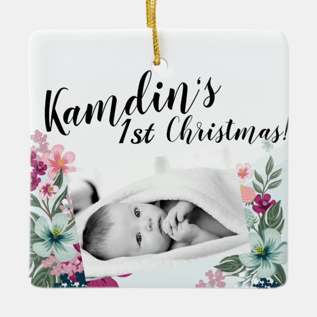 Personalized Baby Ornament Tropical Flowers on Blu (Front)