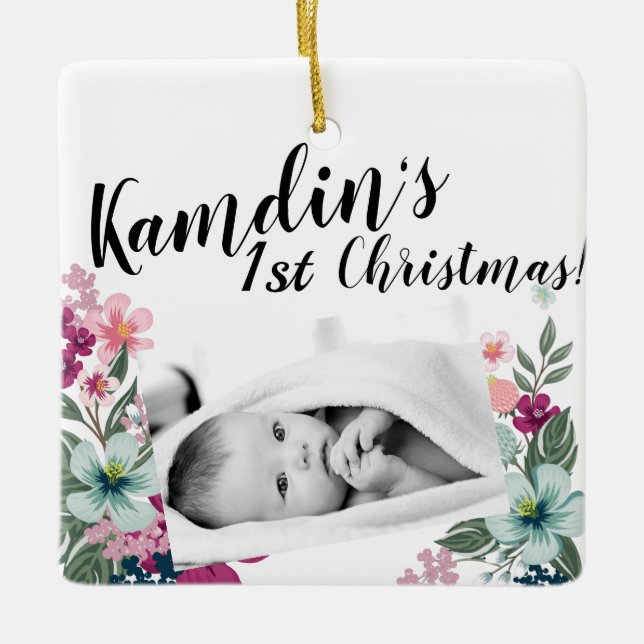 Personalized Baby Ornament Tropical Flowers on Whi (Front)