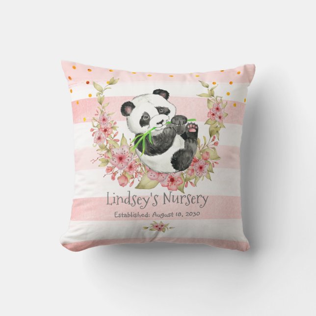 Personalized Baby Panda Pink Floral Nursery  Throw Pillow (Front)