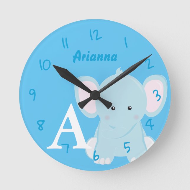 Personalized Baby Pastel Blue Elephant Round Clock (Front)