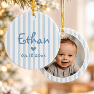 Personalized Baby Photo Christmas Blue Stripes Ceramic Ornament