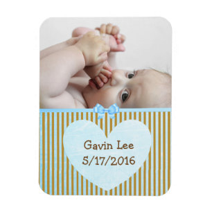 Personalized Baby Photo Magnet Brown & Blue Stripe