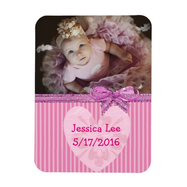 Personalized Baby Photo Magnet Pink Stripes (Vertical)