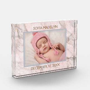 Personalized Baby Photo On Light Pink Marble Block