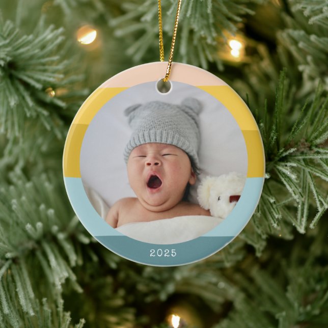 Personalized Baby Photo Soft Pastel Stripes Year Ceramic Ornament (Tree)