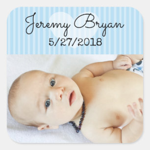 Personalized Baby Photo Stickers Blue Heart Stripe
