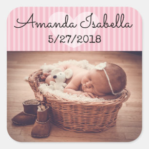 Personalized Baby Photo Stickers Pink Heart Stripe