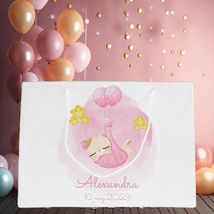 Personalized Baby Pink Cat Custom Name and Date Large Gift Bag