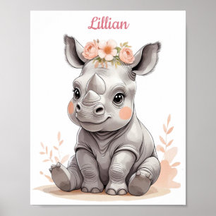 Personalized Baby Rhino Elegant Safari Nursery Poster