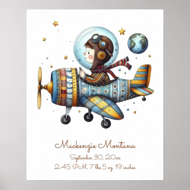 Personalized Baby Room Artwork Child Flying Plane Poster (Front)