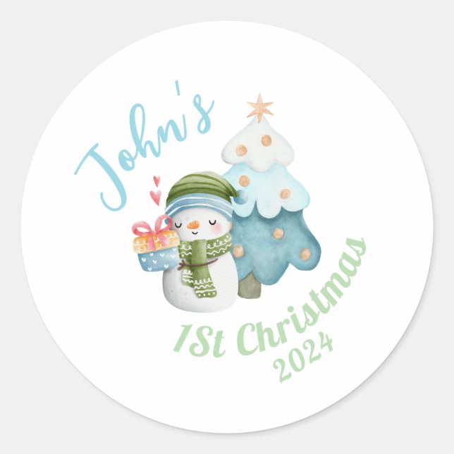 Personalized Baby’s 1st Christmas Classic Round Sticker (Front)