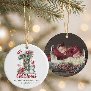 Personalized Baby’s 1st Christmas Penguin Photo Ceramic Ornament
