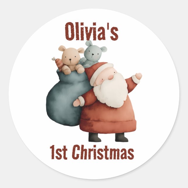Personalized Baby’s 1st Christmas Santa Classic Round Sticker (Front)