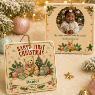 Personalized Baby’s First Christmas 2026 Retro  Ceramic Ornament
