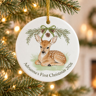 Personalized Baby’s First Christmas 2026 Woodland  Ceramic Ornament