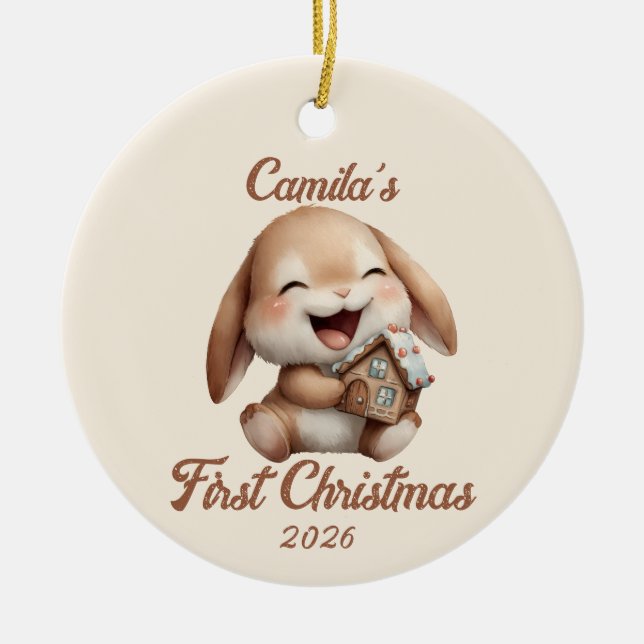 Personalized Baby’s First Christmas Bunny Ceramic Ornament (Front)