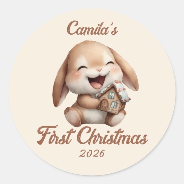 Personalized Baby’s First Christmas Bunny Classic Round Sticker (Front)