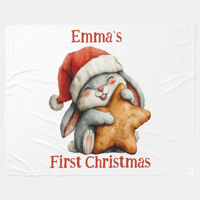 Personalized Baby’s First Christmas Bunny Fleece B Blanket (Front (Horizontal))