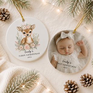 Personalized Baby’s First Christmas Photo 1 Fawn  Ceramic Ornament