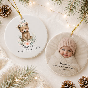 Personalized Baby’s First Christmas Photo Bear Ceramic Ornament