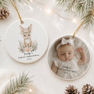 Personalized Baby’s First Christmas Photo Bunny Ceramic Ornament