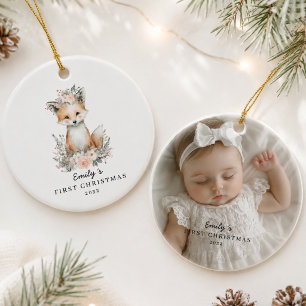 Personalized Baby’s First Christmas Photo Fox  Ceramic Ornament