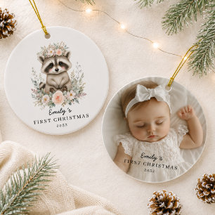 Personalized Baby’s First Christmas Photo Raccoon Ceramic Ornament