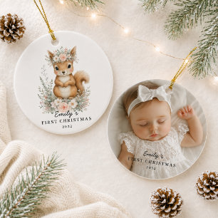 Personalized Baby’s First Christmas Photo Squirrel Ceramic Ornament