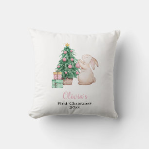 Personalized Baby’s First Christmas rabbit theme Throw Pillow