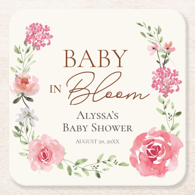 Personalized Baby shower favour Baby in bloom Square Paper Coaster (Front)