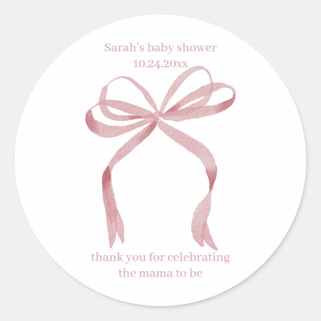 Personalized Baby Shower Favour Stickers Pink Bow (Front)