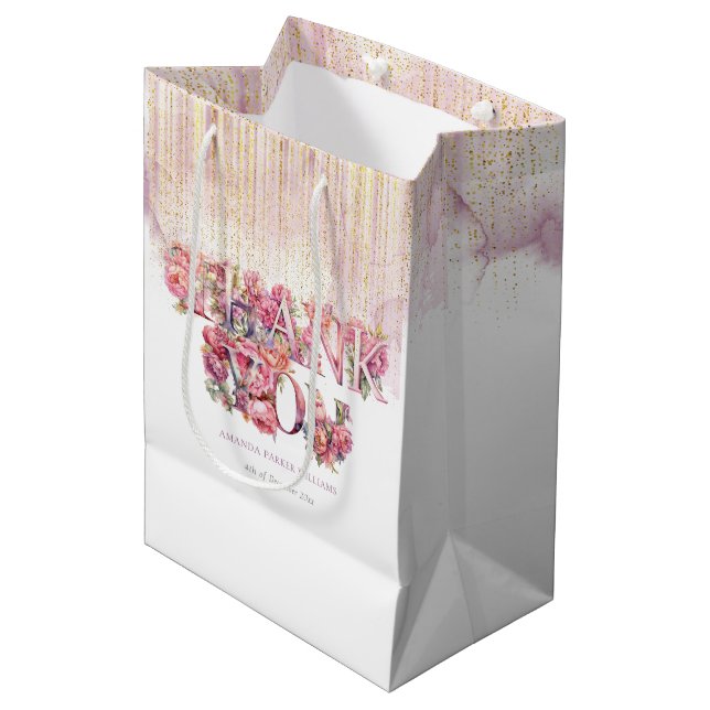 Personalized Baby Shower Floral Letters Pink Gold  Medium Gift Bag (Front Angled)