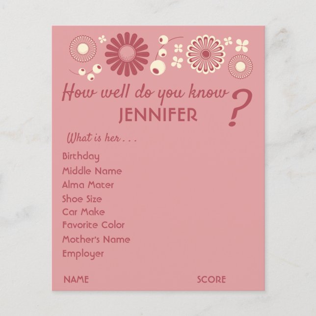 Personalized Baby Shower Game Sheets Pink Floral Flyer (Front)