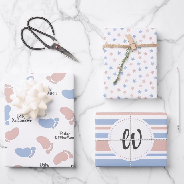 Personalized Baby Shower Gender Reveal Monogram Wrapping Paper Sheet (Front)