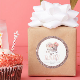 Personalized Baby Shower Glitter Baby Basket Classic Round Sticker