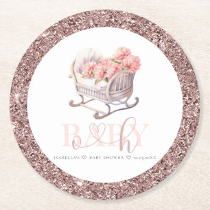 Personalized Baby Shower Glitter Baby Basket Round Paper Coaster