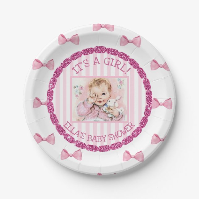 Personalized Baby Shower Paper Plates Pink Bows (Front)