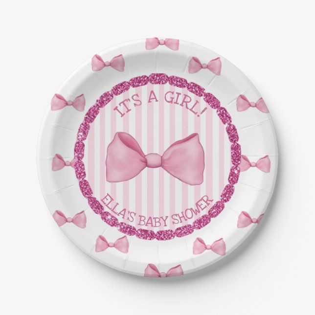 Personalized Baby Shower Paper Plates Pink Bows (Front)